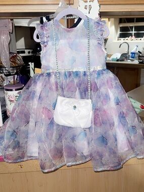 Girls Pastel Butterfly Party Dress with White Bow Purse